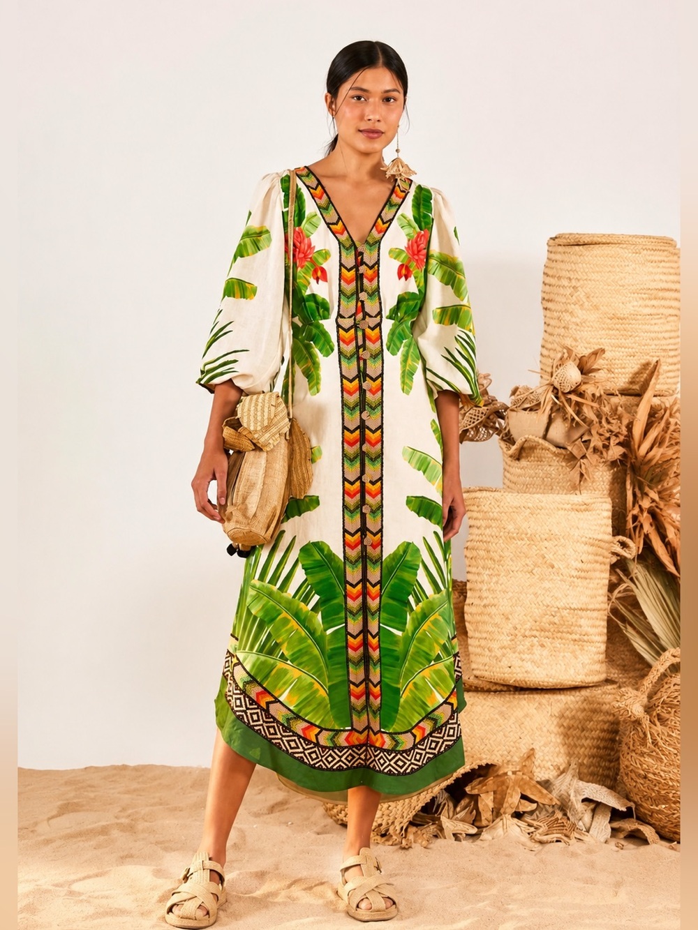 Farm Rio Fresh Forest Linen-Blend Midi-Dress
